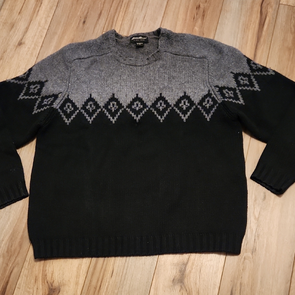 Eddie Bauer Men's Lambswool Black and Gray Crewneck Sweater Ski Winter Size XL